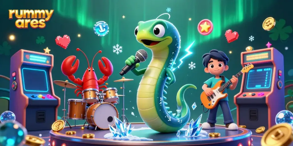 Experience rummy ares with vibrant online gameplay featuring electric eel DJ, lobster drummer, and seahorse guitarist.