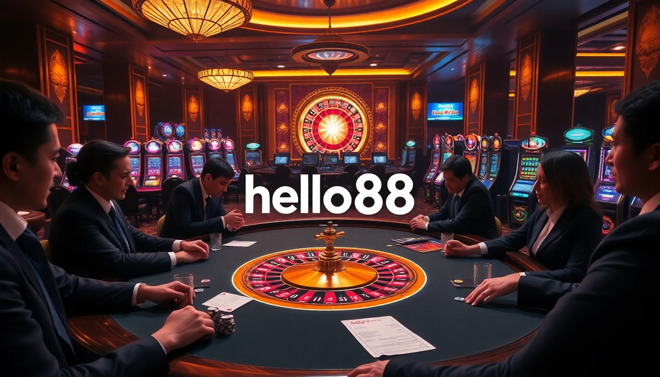 Players enjoy the thrilling experience of casino gaming with hello88's vibrant poker table and roulette wheel.