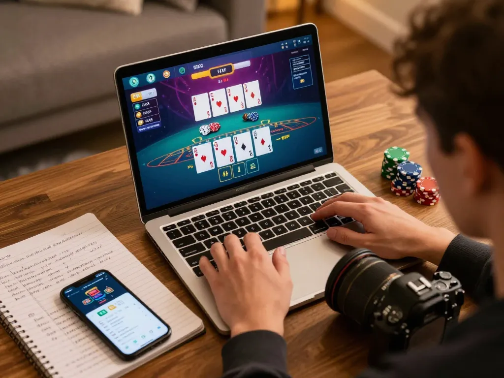 Pemain yang merencanakan strategi blackjack di kasino online kyungdongmart, dengan kartu, chip, dan catatan terlihat.