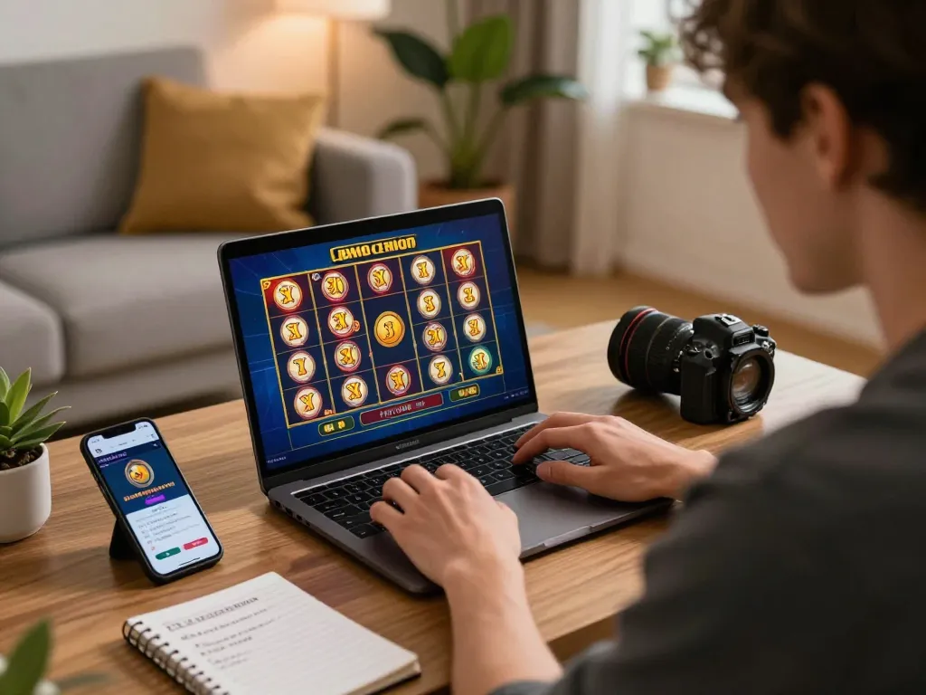 Engaging in demo slot gameplay on a laptop, highlighting strategic online gambling atmosphere.