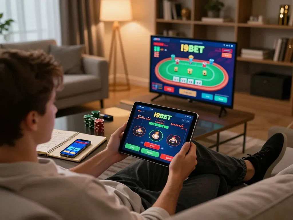 Player engaging with I9BET app on tablet in a cozy home setting, showcasing online gaming strategy.