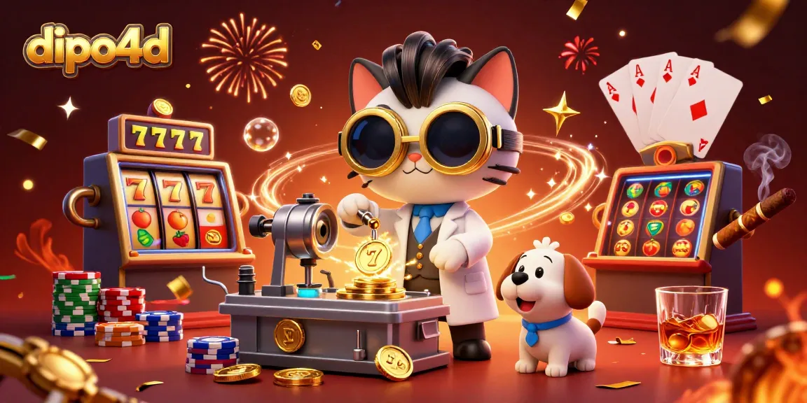Dive into dipo4d's vibrant casino world, showcasing a mad scientist cat and lab assistant creating winning magic.