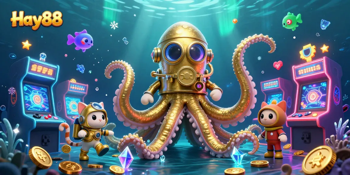 Hay88 features a colossal kraken in a treasure-filled ocean packed with animated casino elements.