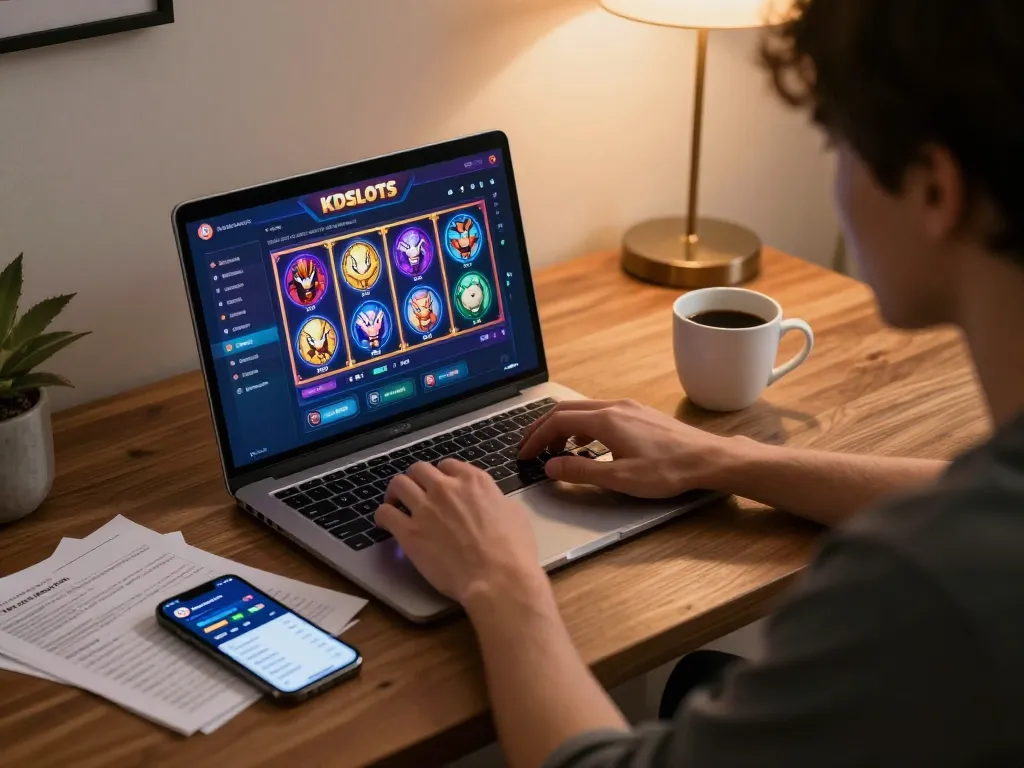Engaging with KDSLOTS online slots on a laptop in a cozy home setup.