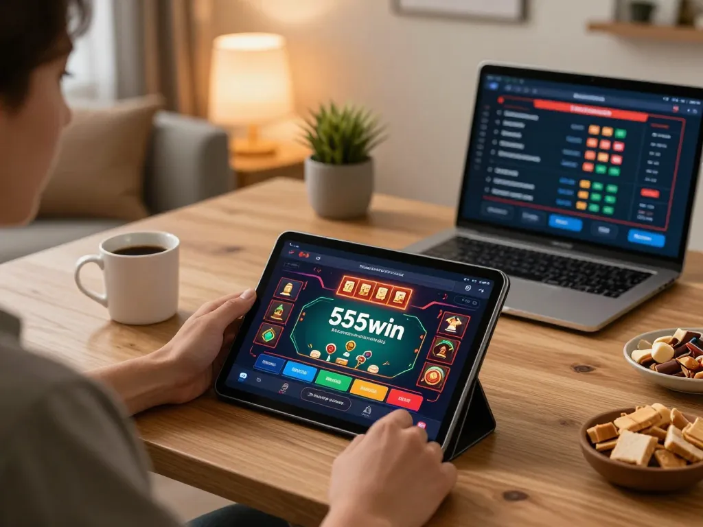 Player engaging with the 555win app on a tablet during an online poker session.