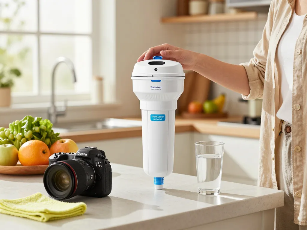 Installing Waterdrop DA97-17376B Replacement for Samsung® HAF-QIN/EXP in a bright home kitchen with fresh ingredients.