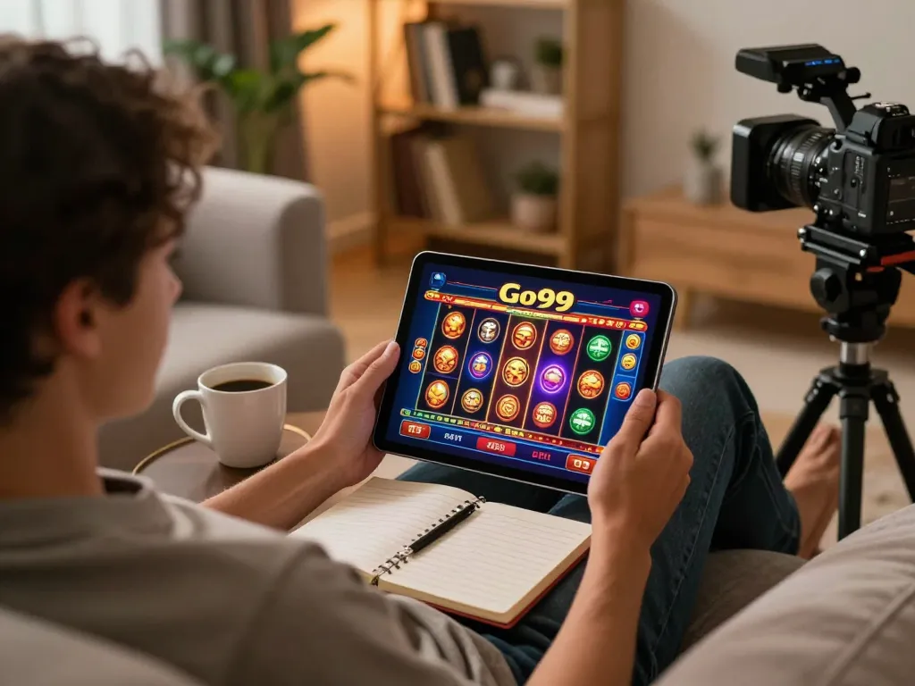 Engaging in Go99 online casino gaming on a tablet in a stylish living room.