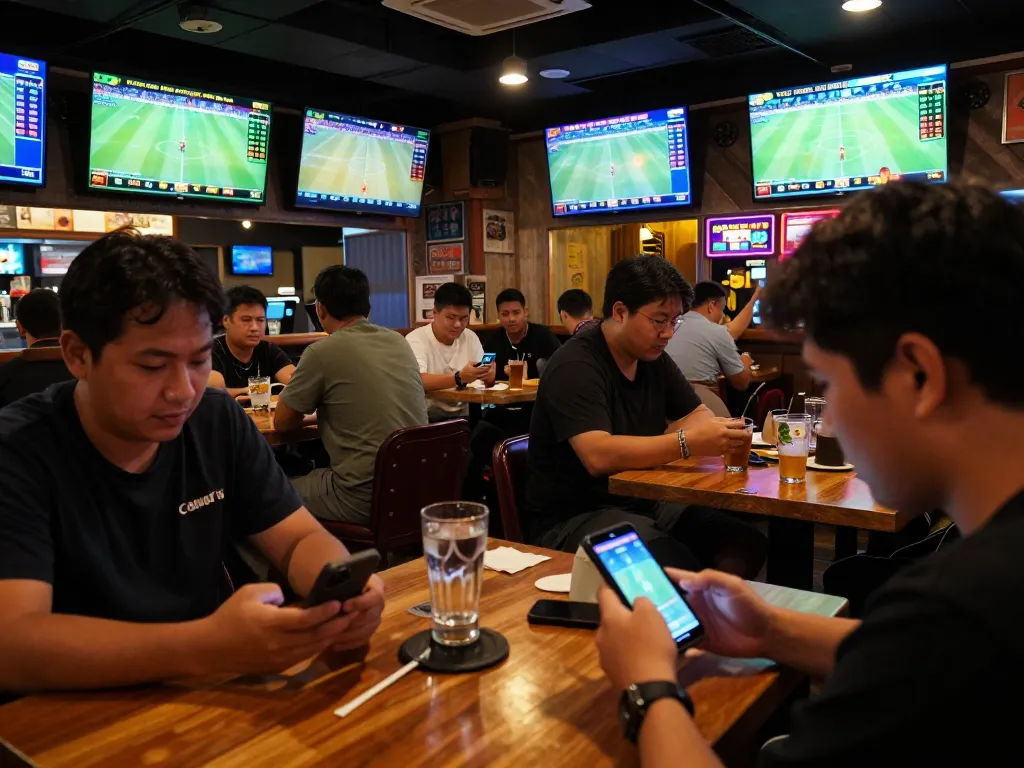 Excited bettor checking Kèo nhà cái 5 odds in a bustling sports betting environment.