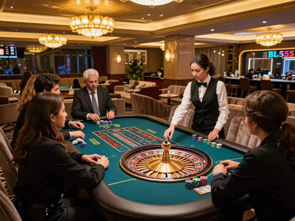 Players engaging at BL555 roulette table, emphasizing strategic gameplay in a luxury casino environment