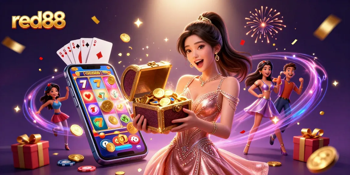 Experience thrilling wins at red88, with a vibrant casino scene featuring treasures and gaming elements.