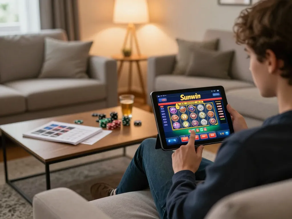 Player engaged in a dynamic online gambling session on Sunwin app, showcasing tablet gameplay and strategic notes in cozy setting.