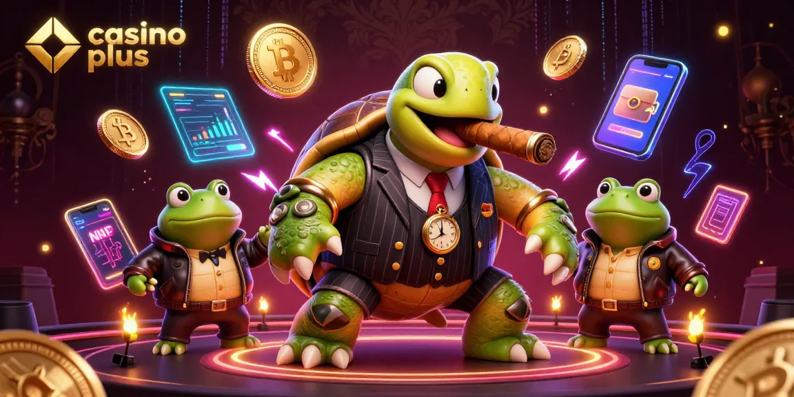 Engage with casino plus visuals featuring a mobster turtle and bullfrog enforcers amidst glowing cryptocurrency elements.