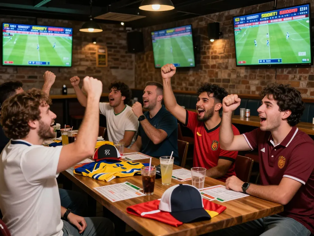 SBOBET fans enjoying live sports betting in a lively bar atmosphere with multiple screens