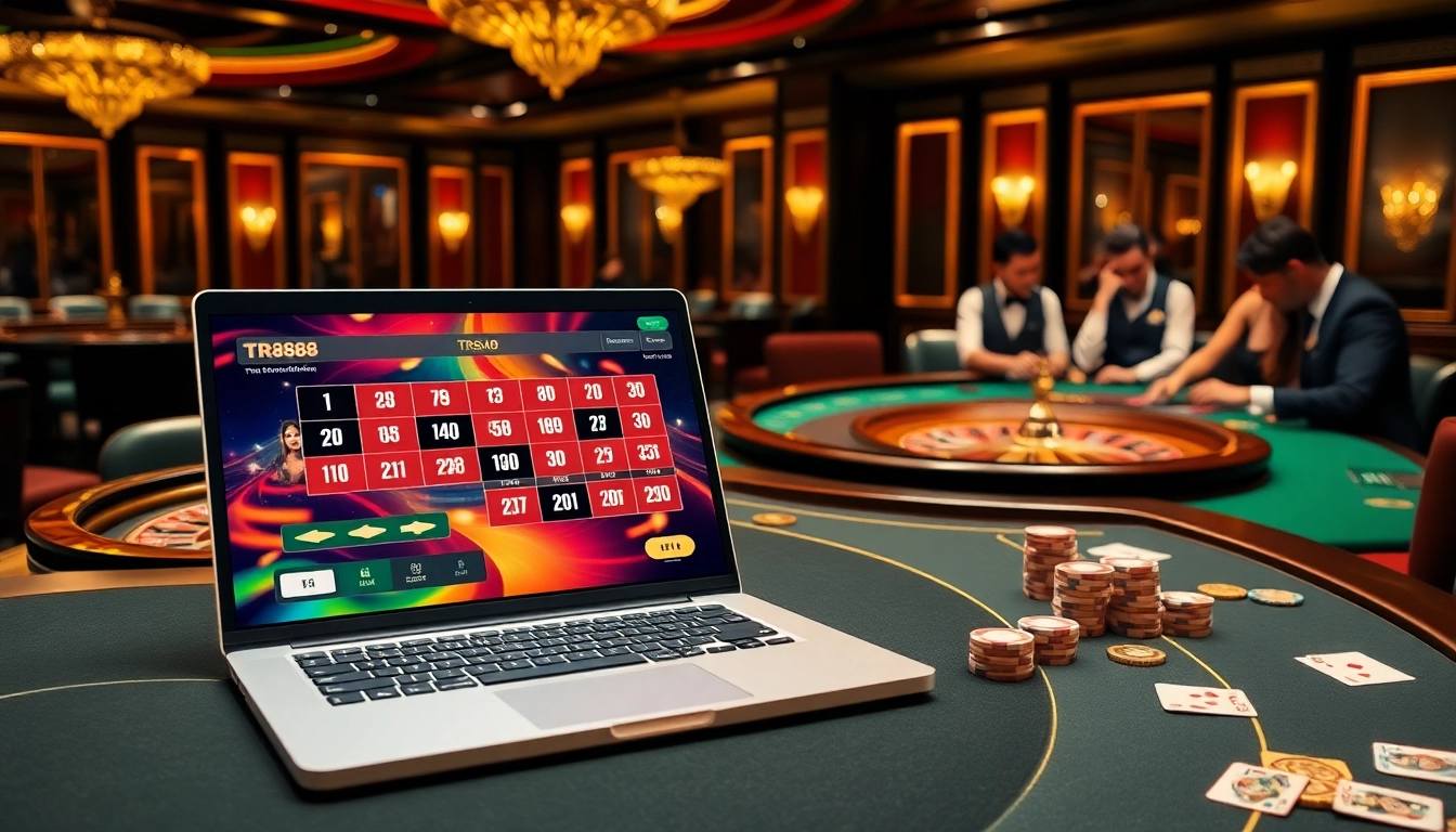 Experience the excitement of TR88 with vibrant casino gaming visuals showcasing poker action and roulette.