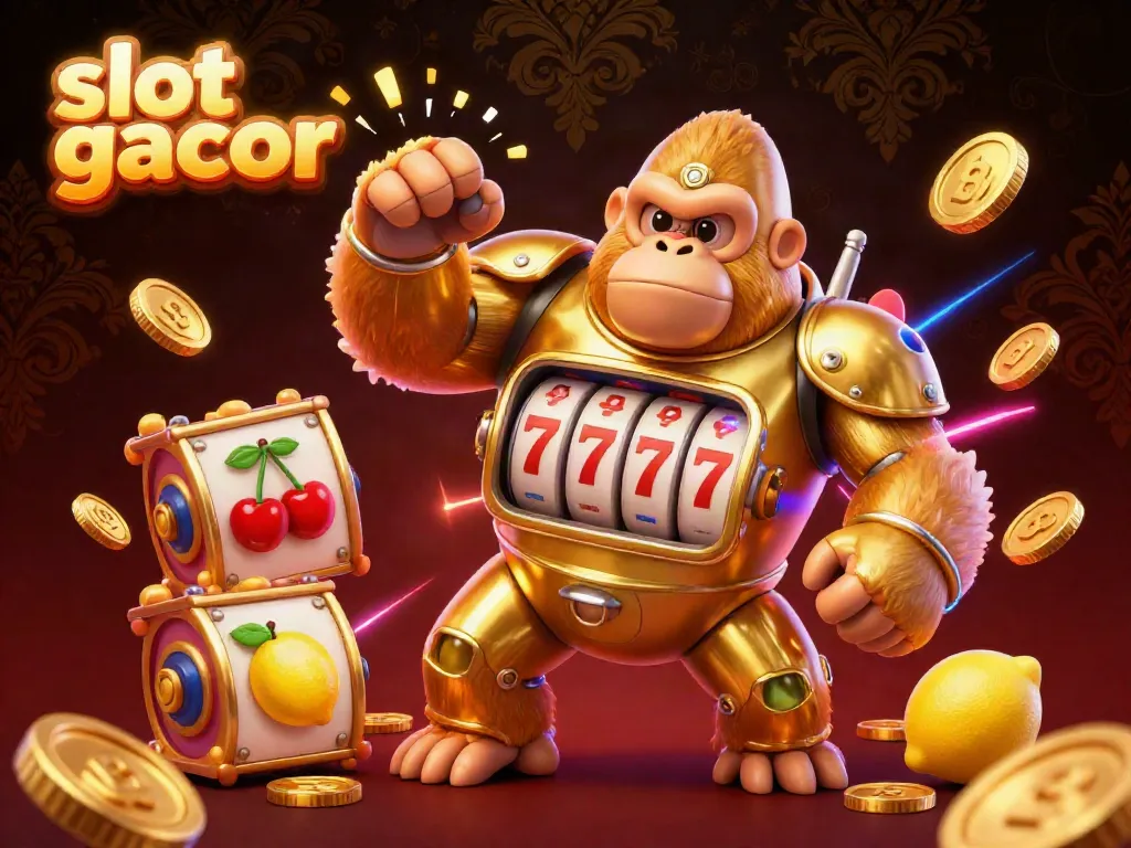Slot gacor dengan gorila emas mekanis yang menonjolkan mesin slot sambil meledakkan koin berkilauan.