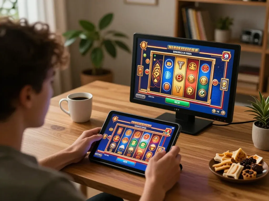 Person enjoying a slot game on 3win tablet in a cozy home setting.