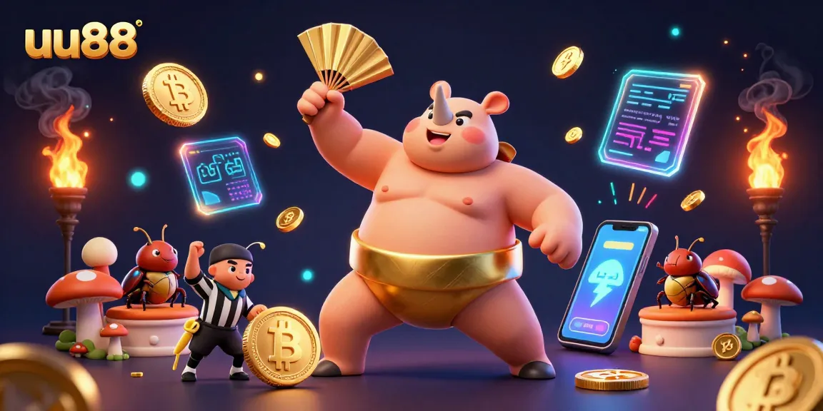 Experience thrilling gaming at uu88 with a lively scene featuring a sumo beetle champion and dynamic crypto elements.
