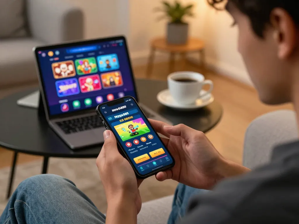 Engaging with apk mega888 on smartphone in cozy home setting during mobile casino gaming.