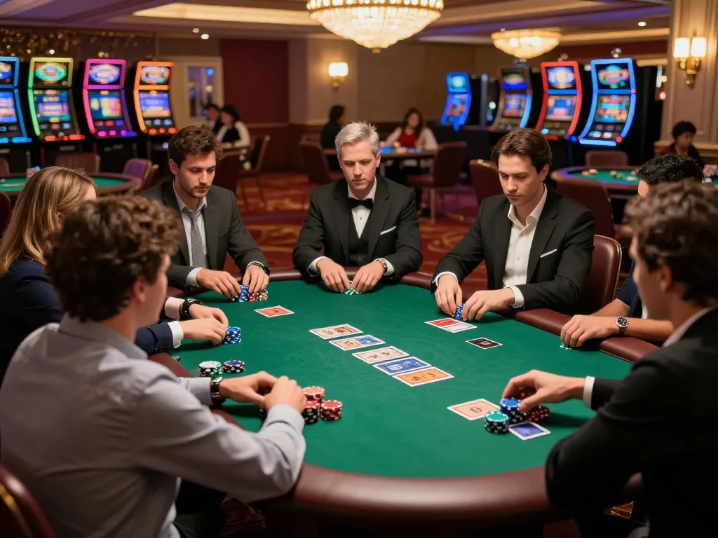 Kuwin poker players engage in high-stakes action at an upscale casino table.