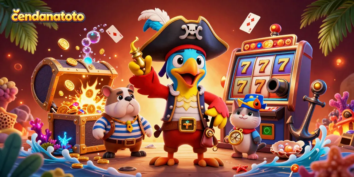 Spin the reels with cendanatoto's vibrant casino-themed illustration featuring pirates and treasures.