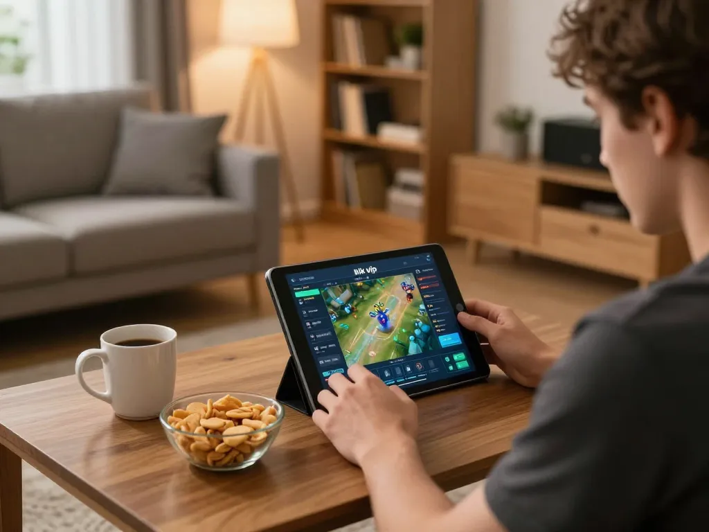 Engaging with rik vip online gaming on a tablet in a cozy living room environment