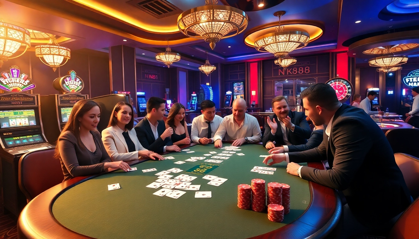 Players enjoying a thrilling game at nk88 casino with poker chips and brightly lit slot machines.