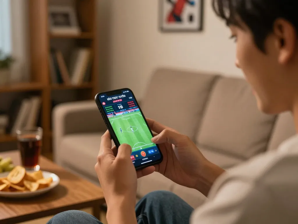 KÈO TRỰC TUYẾN betting action with user engaging on smartphone during live football match.