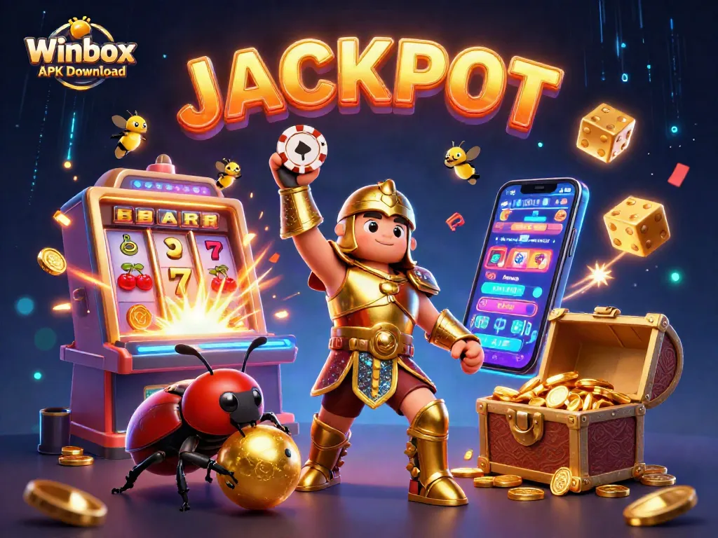 Experience the thrill of Winbox APK Download with vibrant gambling action, featuring a triumphant beetle and dazzling casino elements.
