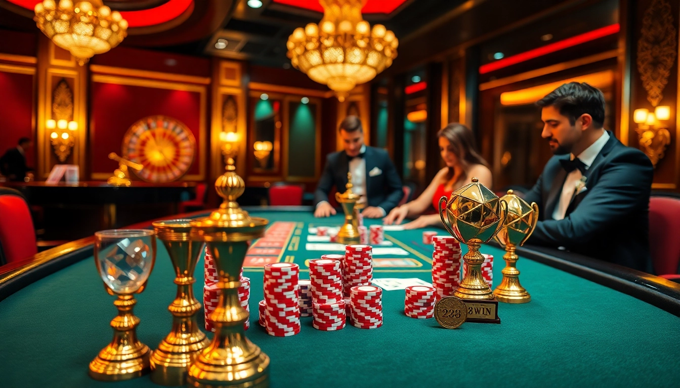 Experience thrilling gaming action at 23win’s luxurious poker table with vibrant casino ambiance.