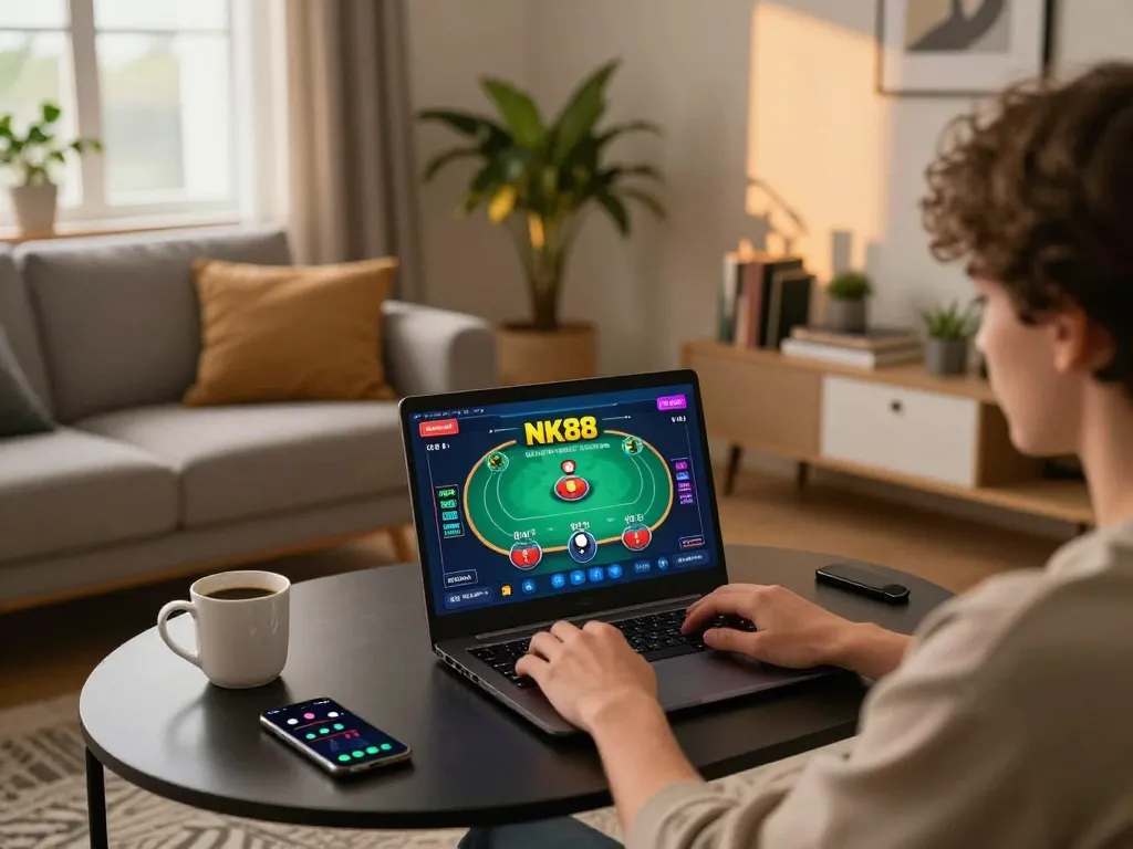 Engaging NK88 gameplay on a laptop in a cozy home setting, showcasing a strategic online poker session.