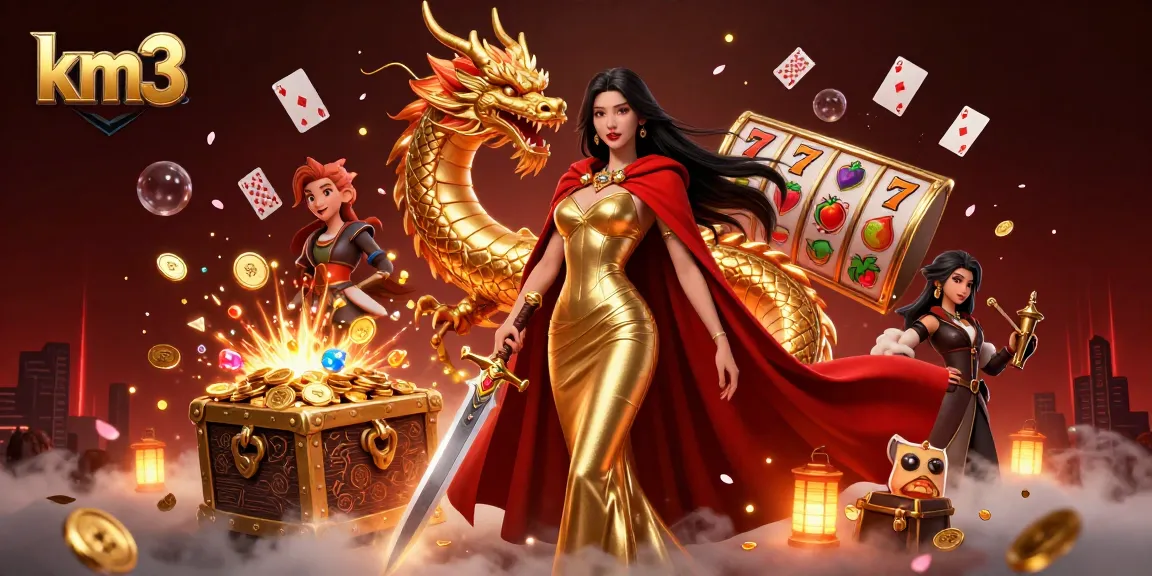 Experience thrilling action at km3 with an enchanting queen amidst vibrant slot elements and gold treasures.