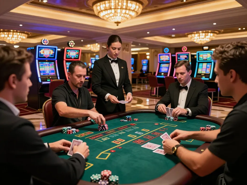 7-hd players enjoy an engaging blackjack game at a luxurious casino, showcasing strategy and excitement.