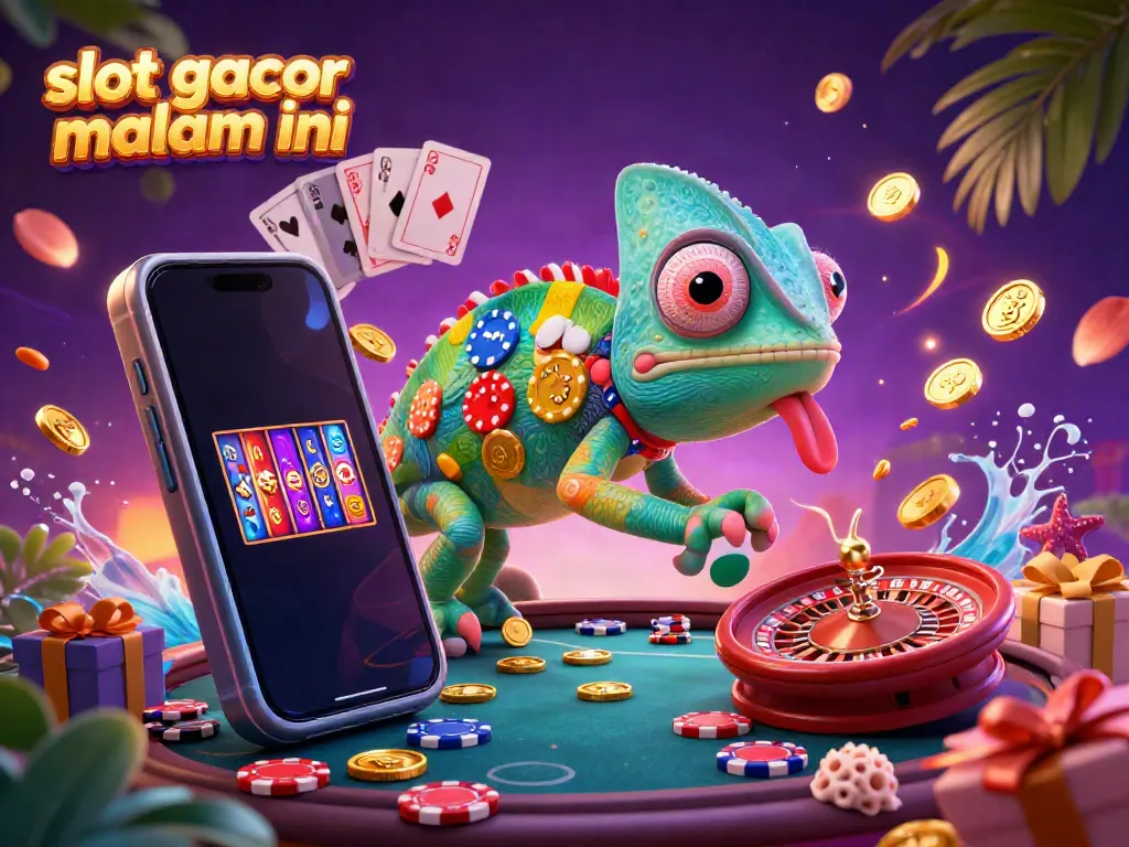 Ilustrasi 3D chameleon kasino yang menangkap koin emas, menggambarkan slot gacor malam ini dengan kemeriahan permainan.