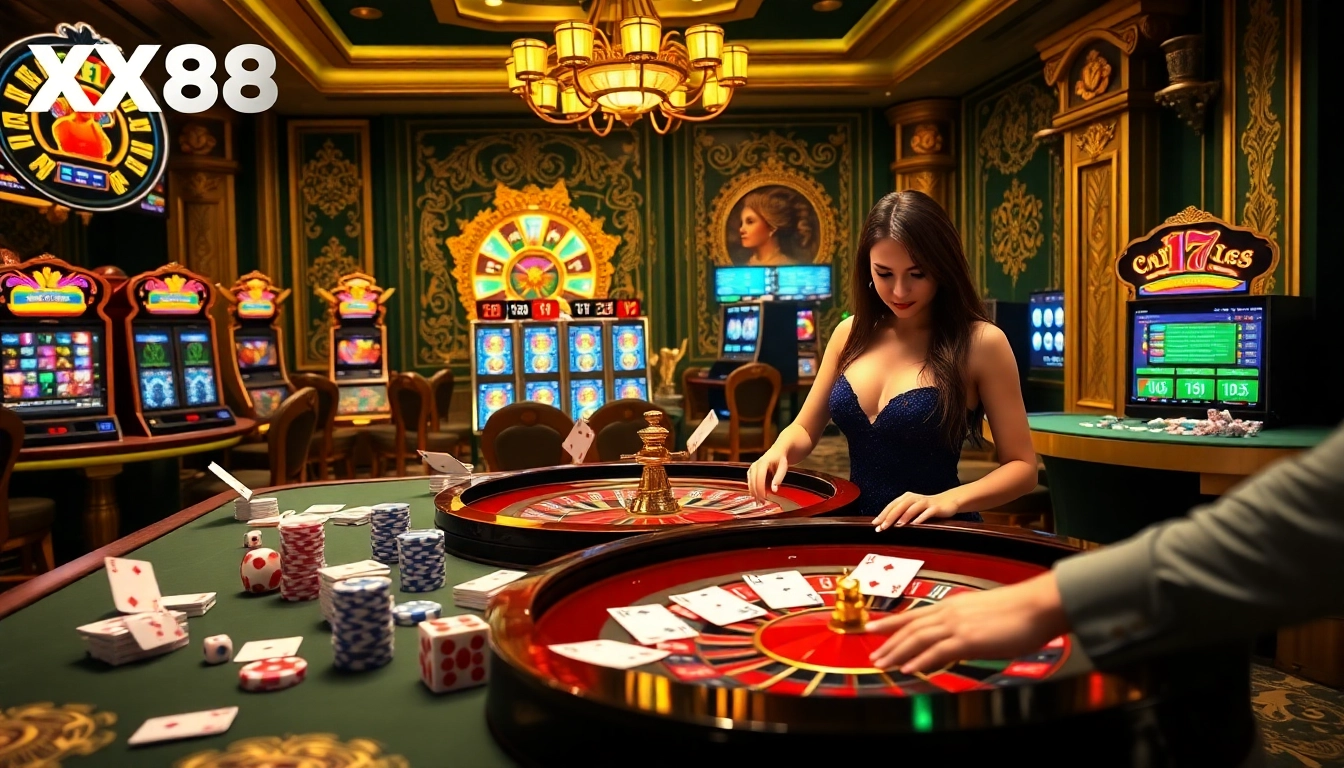 Gamblers engaging at a high-stakes table representing nhà cái XX88, showcasing cards and chips.