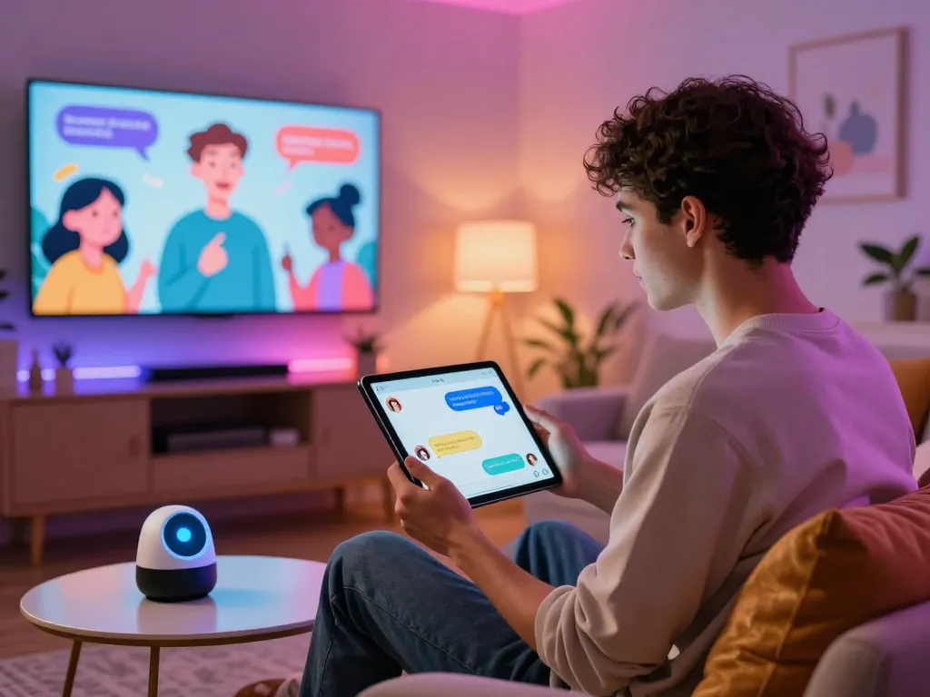 Young adult engaged in a porn AI chat in a vibrant lounge, showcasing playful conversations on a tablet with animated characters.