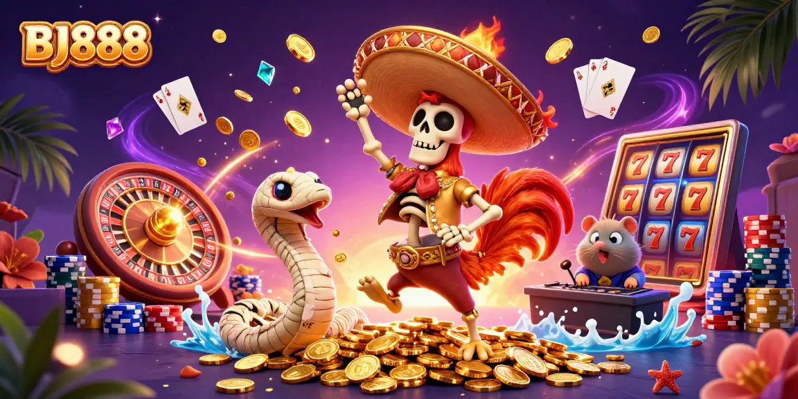 BJ888 presents a vibrant casino scene featuring dancing characters, golden coins, and animated slot reels.