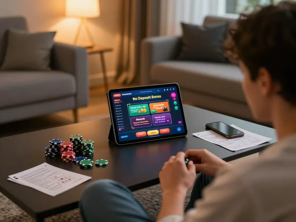 No Deposit Bonus offers displayed on an online casino tablet in a cozy living room
