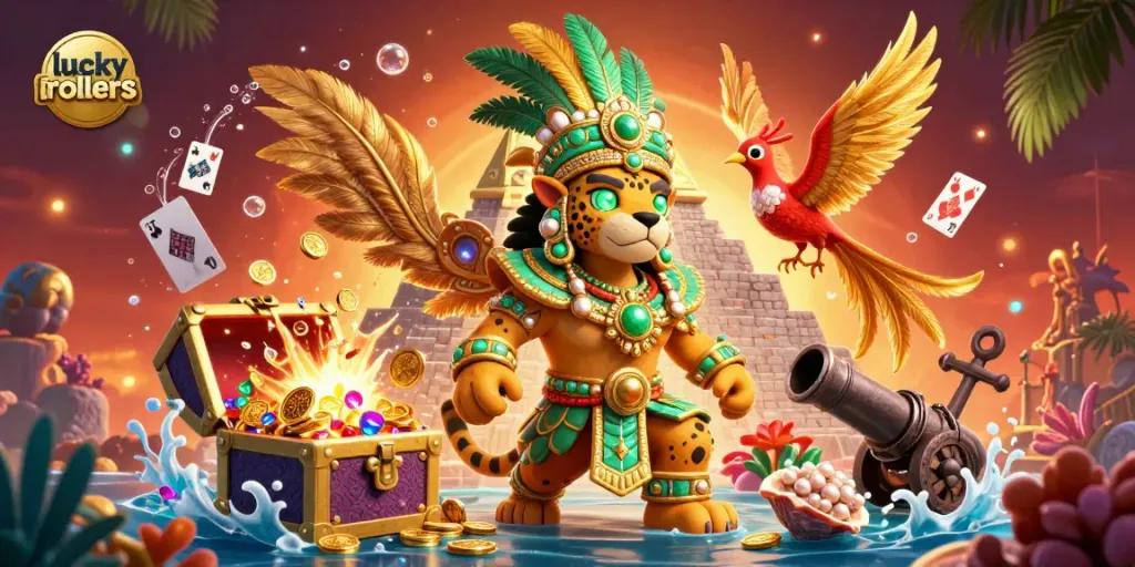 Immerse in lucky rollers with a vibrant 3D scene of a Mayan priest and treasures celebrating high-stakes gaming.