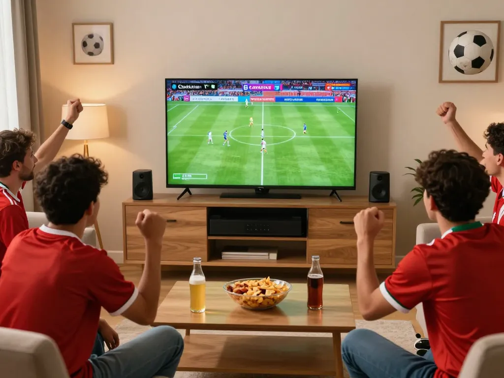 Friends enjoying a live match on Cakhia TV while cheering for their favorite football teams.