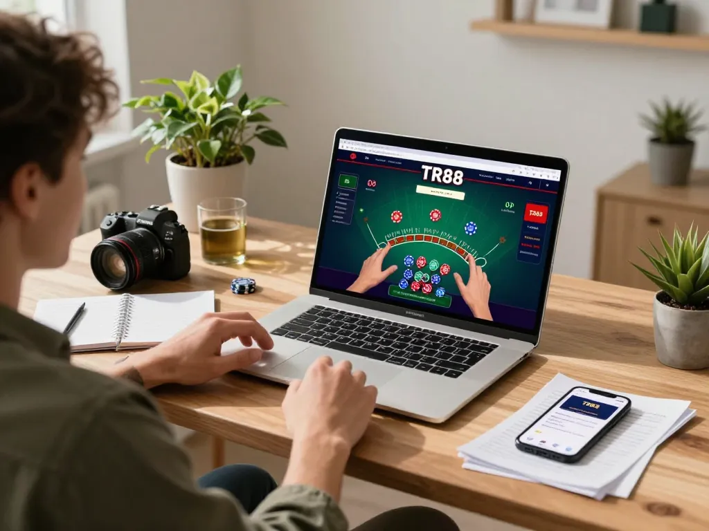 Player engaging with TR88 online casino game on a stylish laptop while tracking strategies and bets.