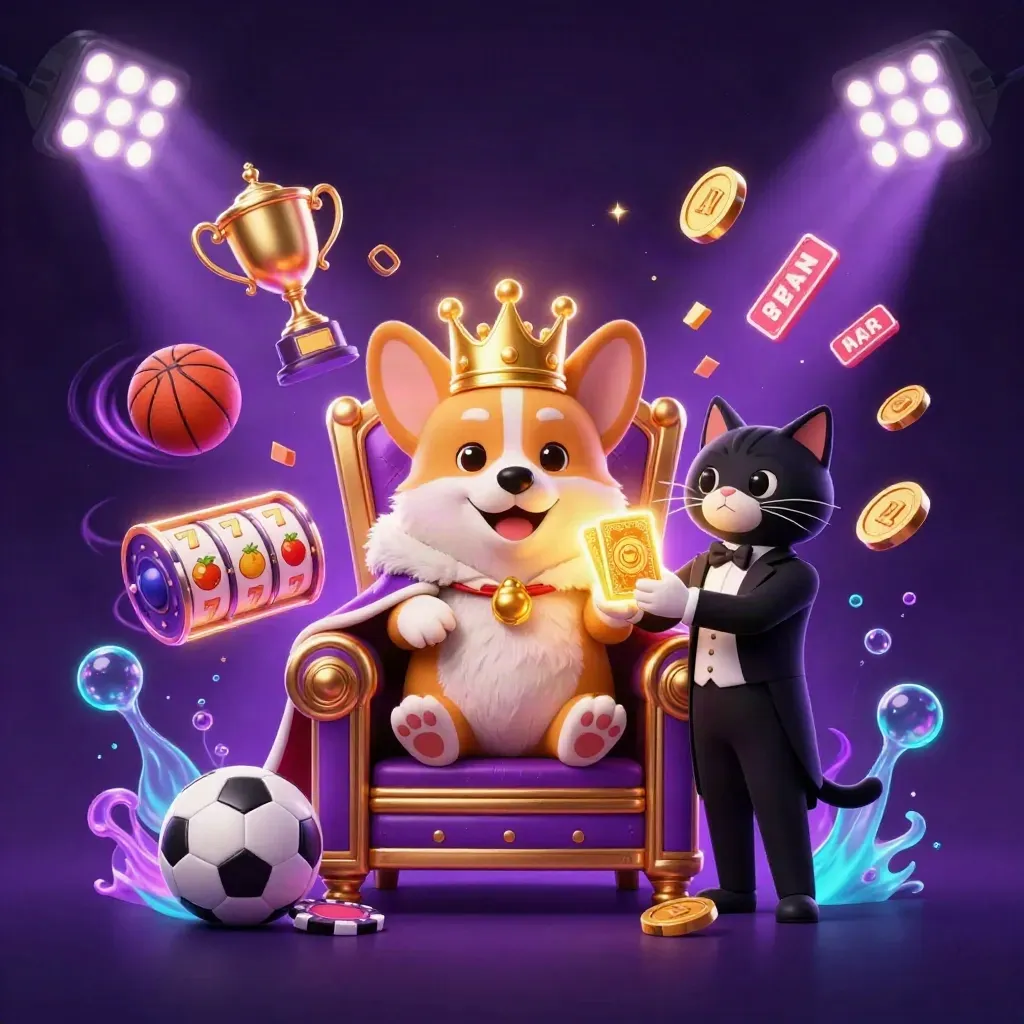Royal corgi king and cat butler amid casino magic, coins, sports balls, and glowing purple-gold effects.