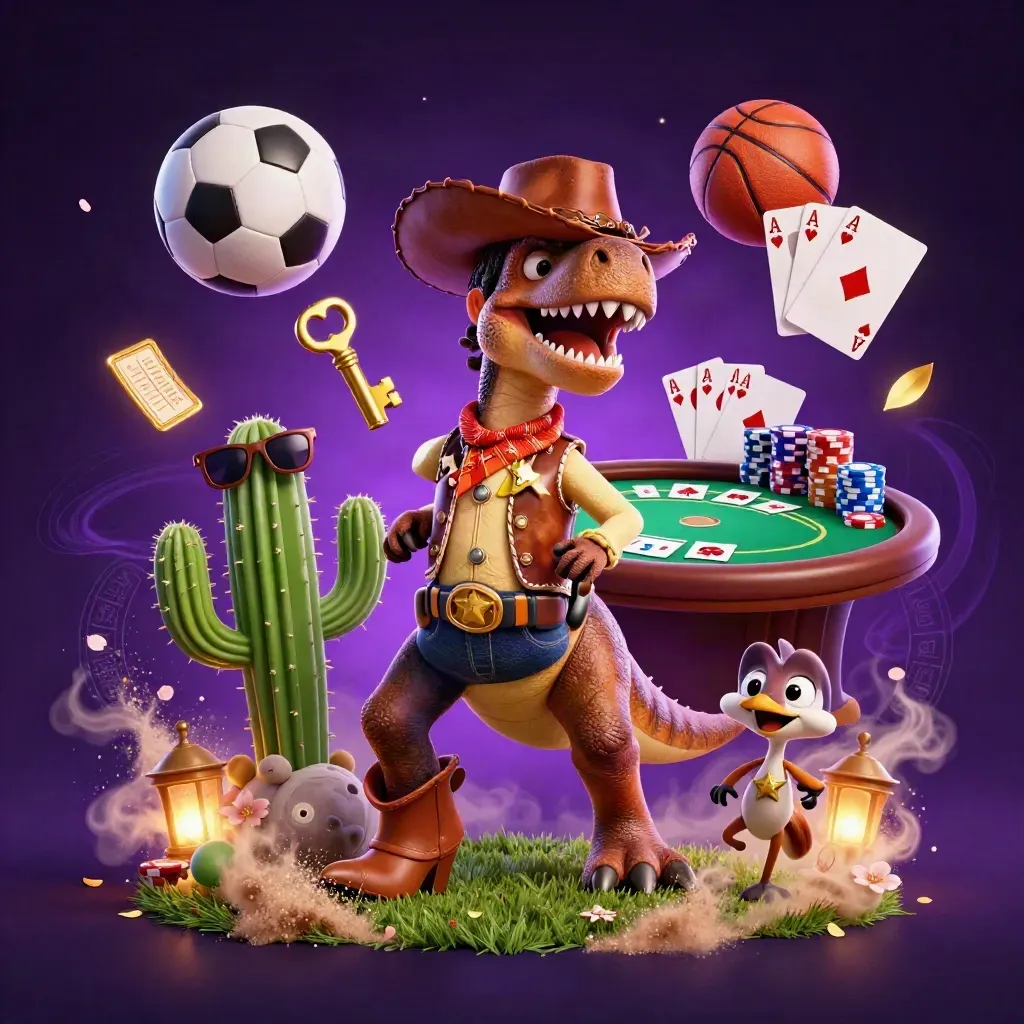 Ground-level casino key art with cowboy T-Rex, cactus, roadrunner, chips, balls, purple-gold magic