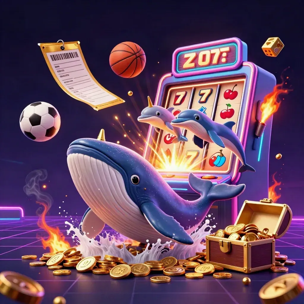 Cartoon whale captain, narwhal, dolphins, slot burst, coins, balls, neon casino sports key art.