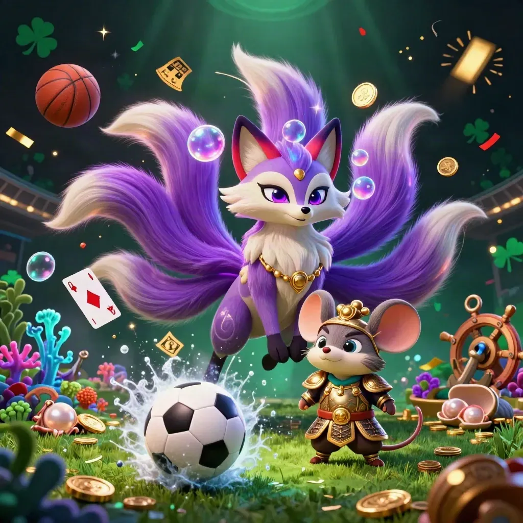 Fox spirit and armored mouse amid soccer ball blast, coins, coral, and casino magic