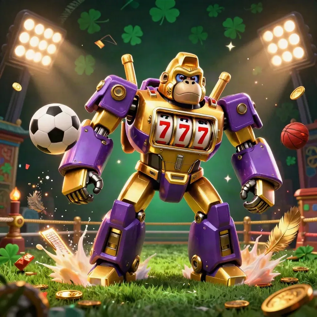 Golden gorilla mech with monkey pilot, soccer ball, basketball, coins, and casino effects in a dramatic sports scene.