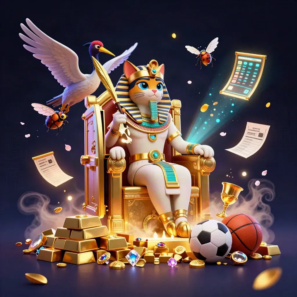 Pharaoh cat and ibis amid gold, vault light, gems, petals, and flying balls in neon casino glam.
