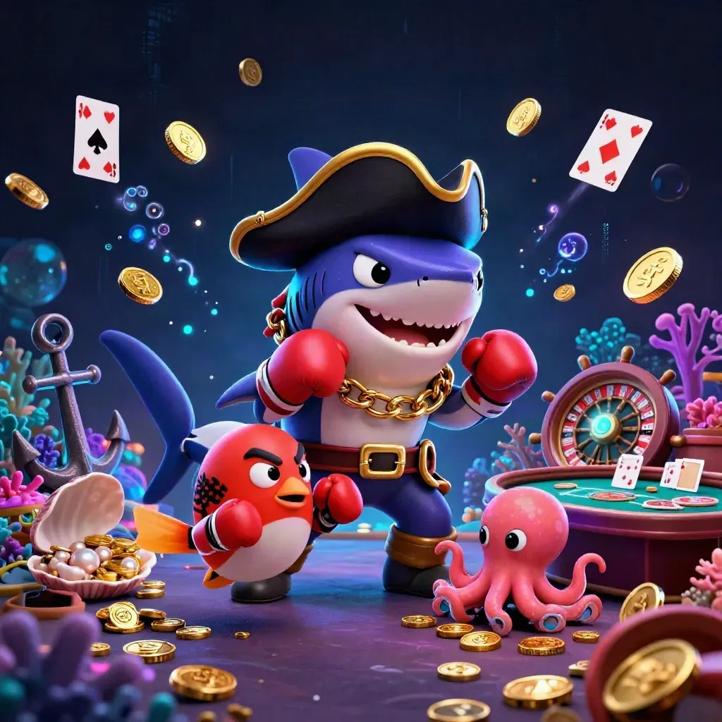Cartoon pirate shark, boxing pufferfish, and juggling octopus in neon casino treasure cove.