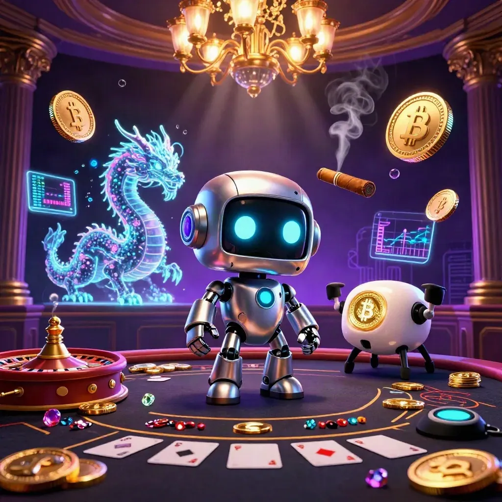 Robot, AI dragon, and drone over a luxe casino table with neon coins and purple-gold glow