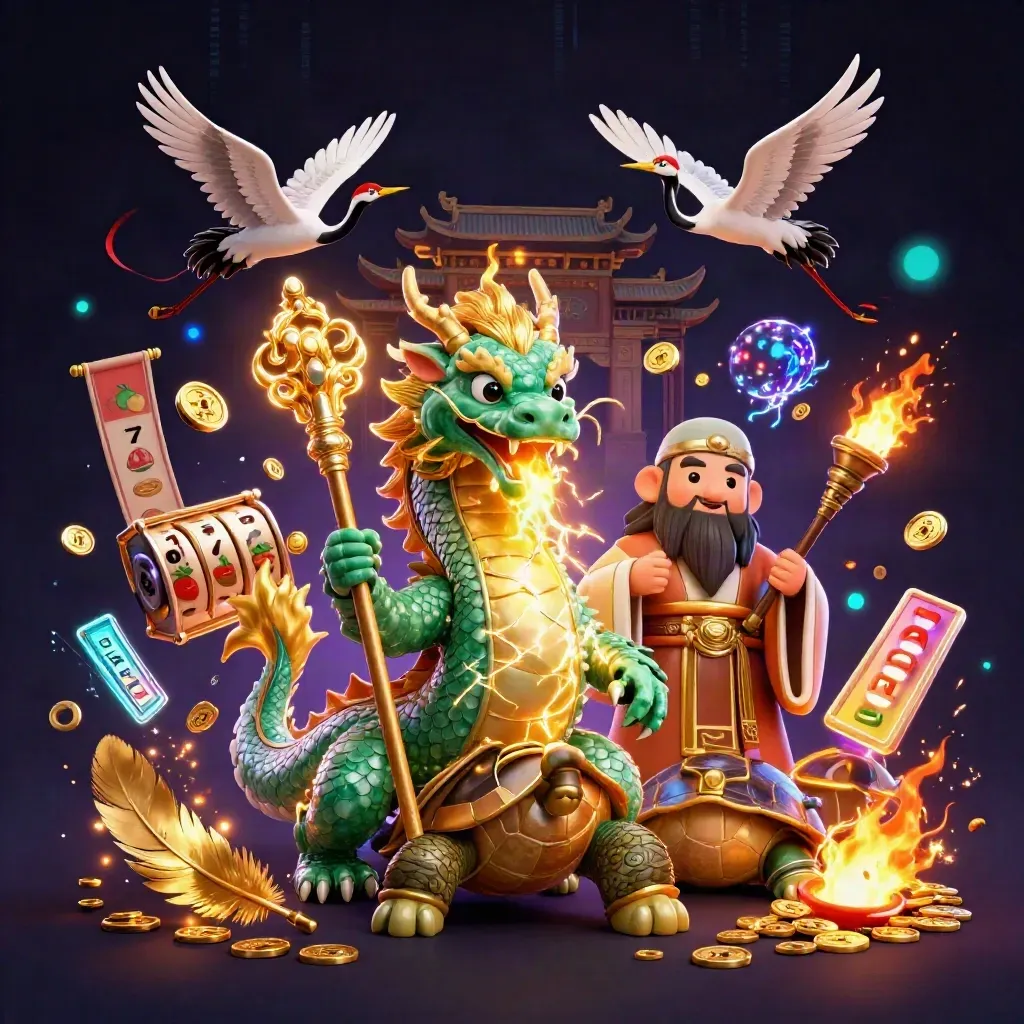 Jade dragon, turtle sage, and cranes amid gold fire, coins, neon energy, and temple ruins.