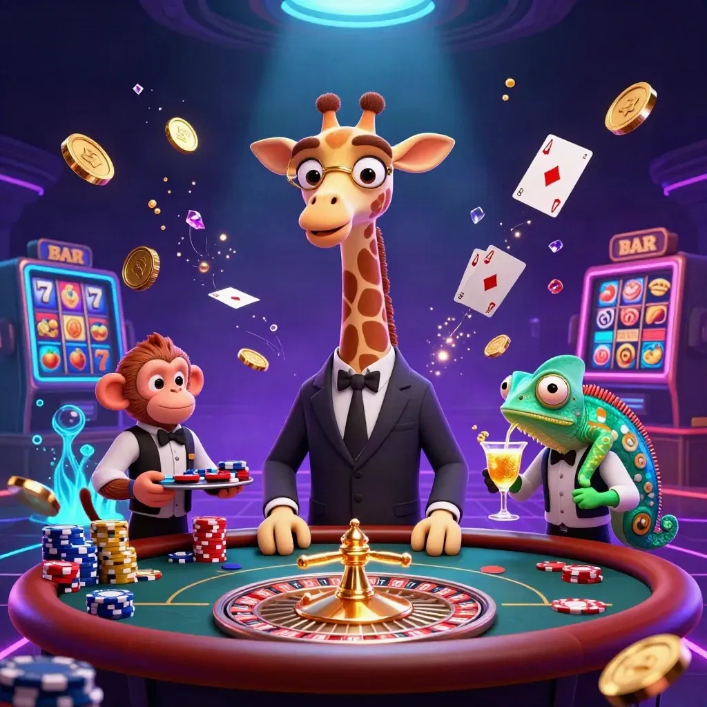 Giraffe high-roller, monkey valet, and chameleon bartender amid casino riches and neon glow.